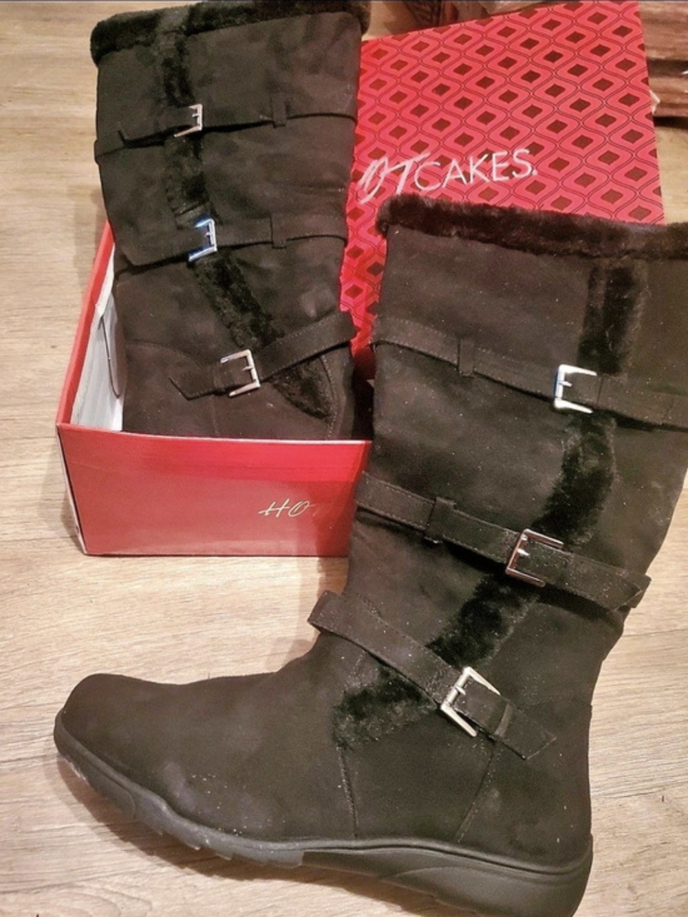 Boot Women Size 12W Hot Cakes Shoe Dept Knee High Buckle Faux Fur Faux Suede New